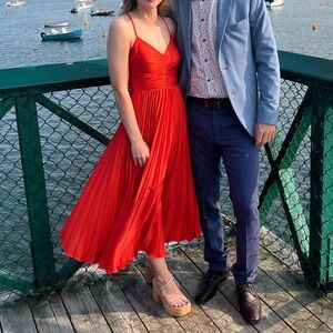 Adelyn Rae Orange Pleated Spaghetti-Strap Midi Dress